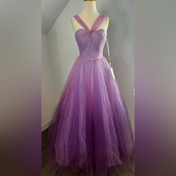 Mac Duggal 20553 Purple Cross Front Strap Ombre Tulle Gown Lilac Dress - Picture 5 of 7